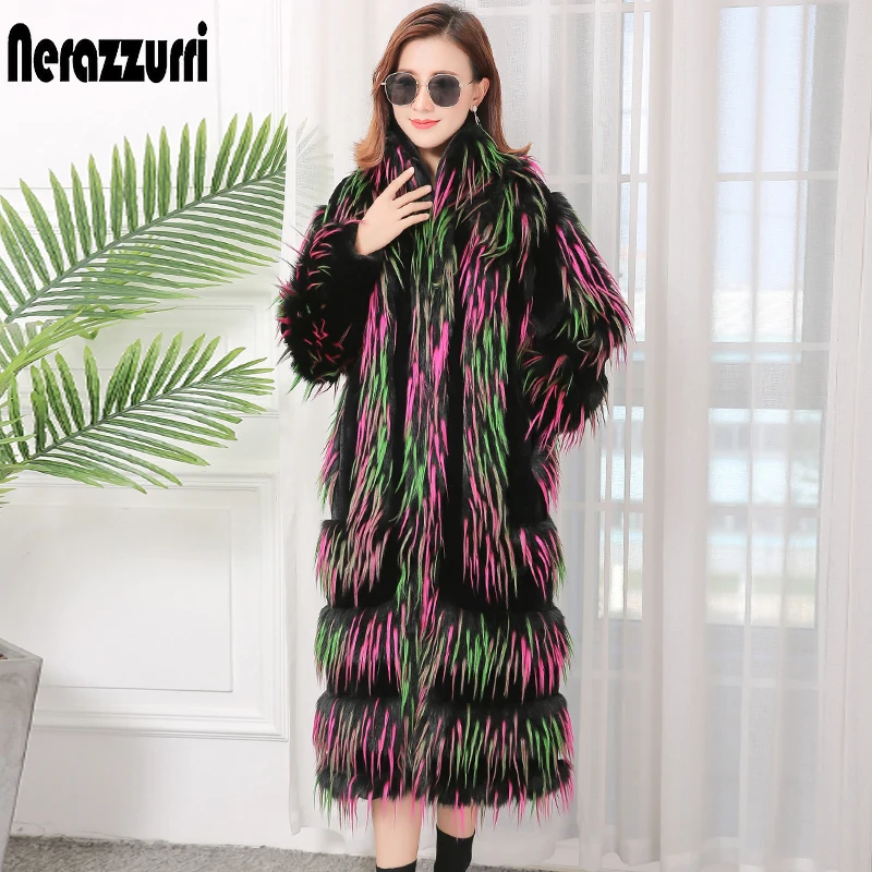 Nerazzurri Winter Long Fluffy Warm Faux Fur Coat Women with Long Raglan Sleeve Color Block Colorful Runway Korean Fashion 2022