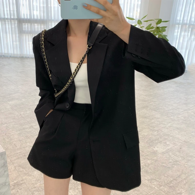 Retro Office Lady Loose Grey Lapel Two Button Blazer Jacket High Waist Wide Leg Short Suits All-match Casual Black Sets Fashion