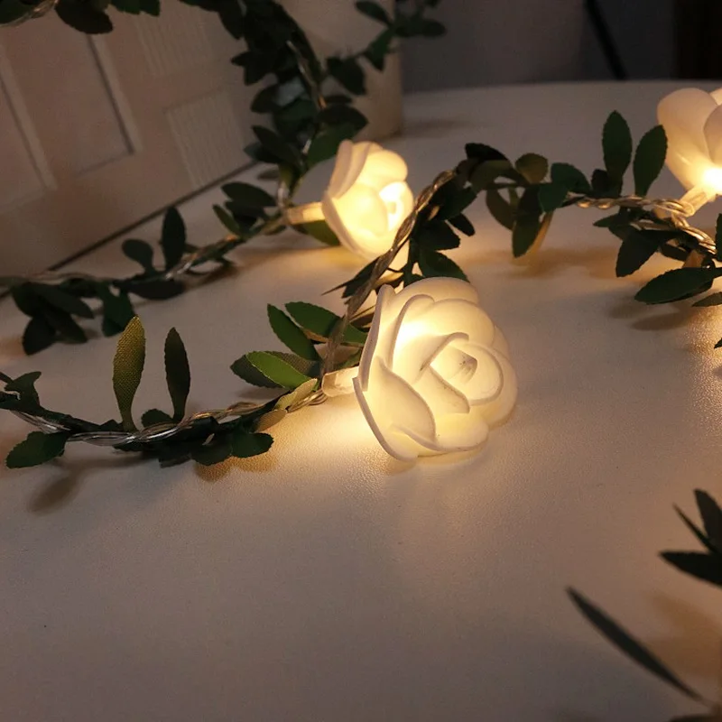 Christmas Rose Flower Vine LED String Lights Battery Powered Fairy Lights Artificial Garland For Room Valentine\'s Day Decoration