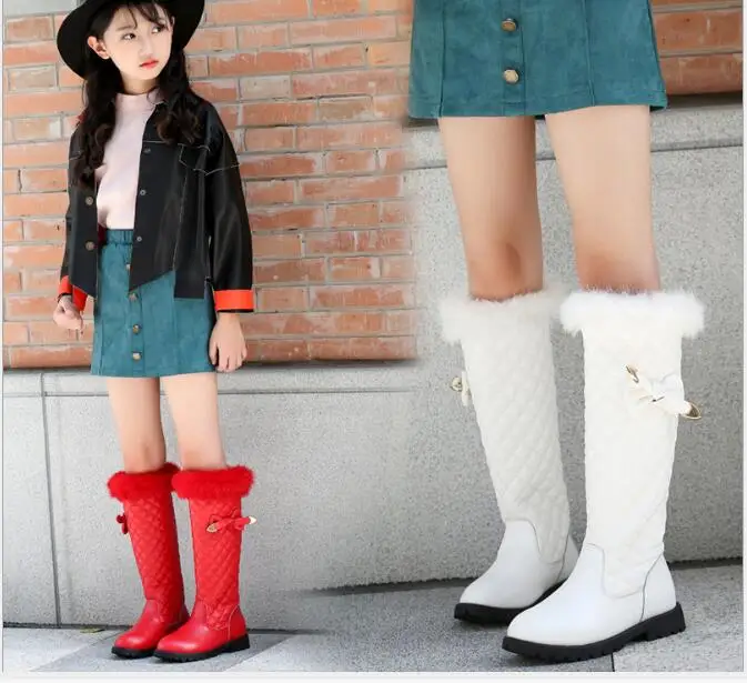 New red Genuine Leather Girls Knee-high Boots Princess Children\'s Tall Boots High Kids Shoes Girl Shoes Knee Fashion  Boots