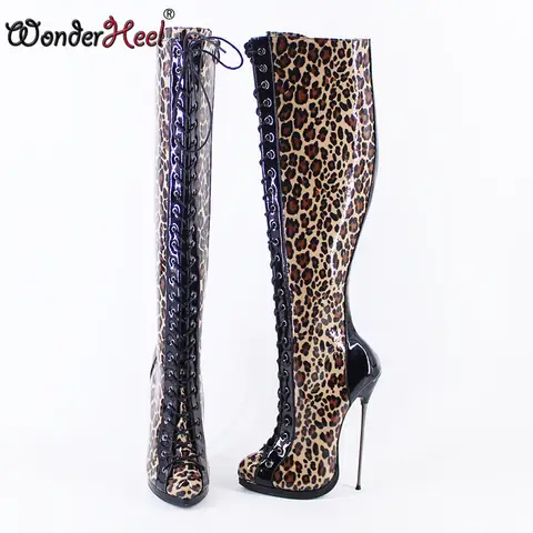 Wonderheel 16cm Ultratunn Klack Platå Extremt Hög Klack Leopard Läder Sexiga Wonder Girls Nattklubb Snörning Knähöga Stövlar 10 best sales Wonder Woman-stövlar - №9