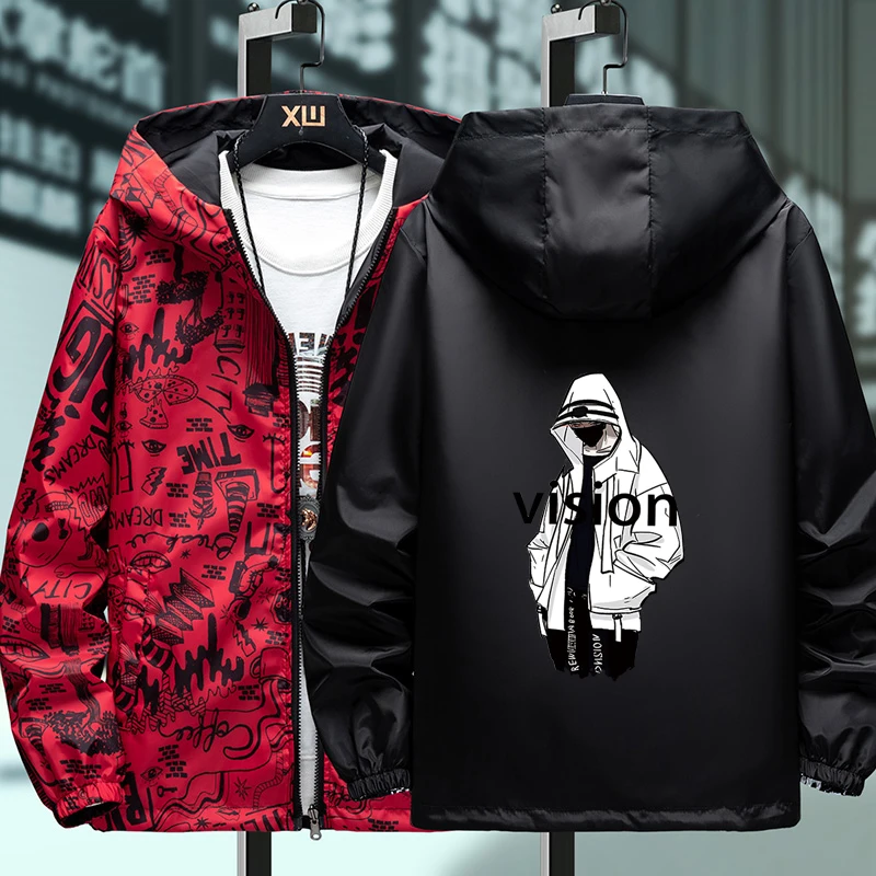 NEW Strewear Graffiti Printed Fashion Reversible Male god Jacket Men Thin Hooded Jackets Windbreakers Clothing Plus Size