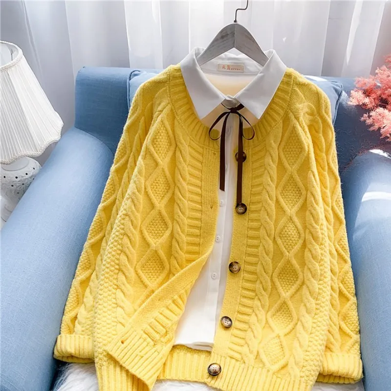 Autumn New Fashion Sweater Women Beige Blue Pink Yellow Knit Jacket Korean Loose O-Neck Long Sleeve Knitted Cardigan Tops Female