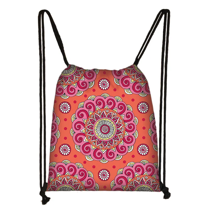 Mandala Floral Printing Drawstring Bag Women Like Mandala Backpack Travel Shopping Portable Foldable Storage Bag