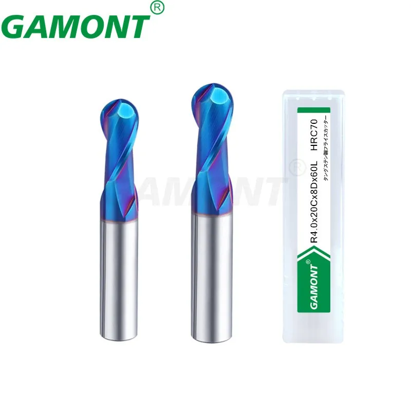 GAMONT HRC70 블루 나노 코팅 텅스텐 스틸 카바이드 밀링 커터, CNC 기계 가공, 특수 볼 엔드 엔드밀 도구, 2 플루트