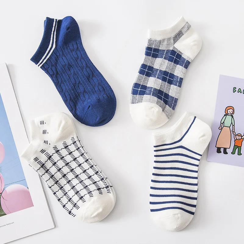 Women Socks Cotton White Blue Plaid Ladies Ankle Socks For Girls Gift Houndstooth Check Striped Grids Tube Sock Vintage Meias