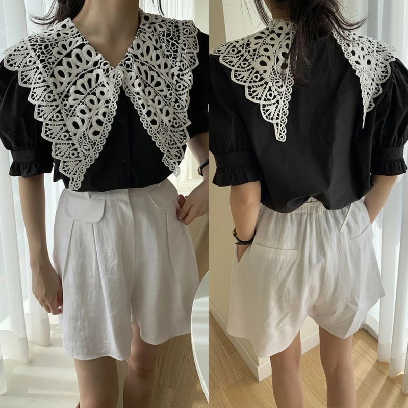 N7MF 1 Pc Lady Shirt False Collar Lace Detachable False Neck Polyester French Style Hollowed-Out Collar