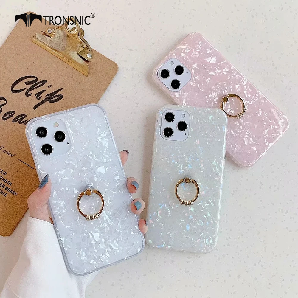 Conch Marmeren Ring Telefoon Case Voor Iphone 12 11 Pro Max Xr Xs Max Zachte Eenvoudige Diamond Stand Laser Gevallen voor Iphone 7 8 Plus Covers