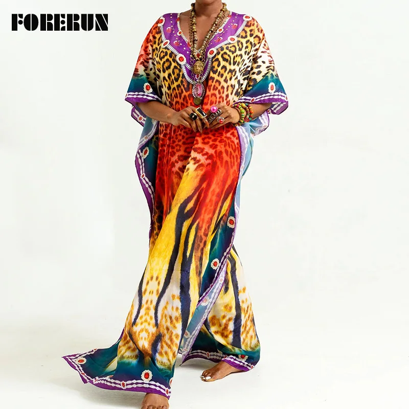 

FORERUN Kaftan Beach Dress Women Boho Print Bikini Cover Up Summer Long Maxi Saida De Praia Beachwear Vestido Playa Mujer Pareo