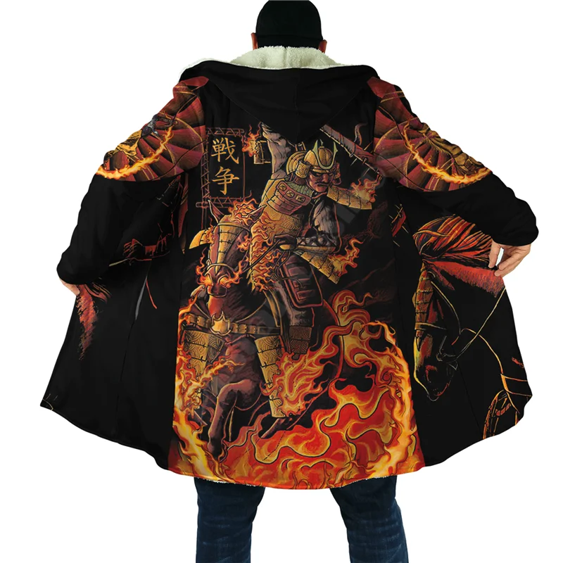 Japan Samurai 3D Over Gedrukt Mantel Hoodie Mantel Voor Mannen En Vrouwen Winter Fleece Wind Breaker Warme Kap Mantel