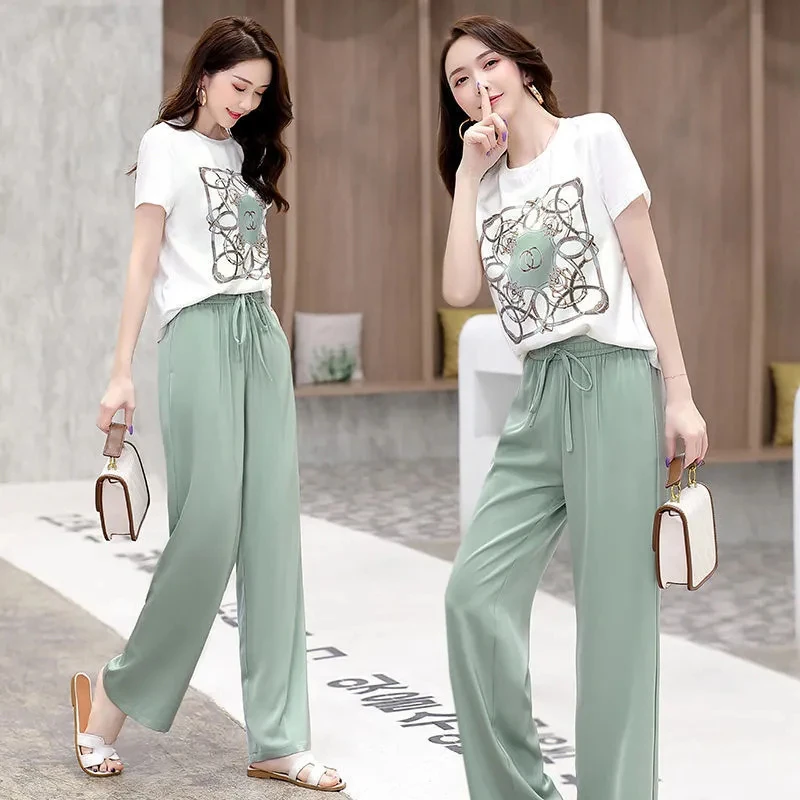 2025 Summer New Women Two-piece Suit Middle Aged Loose Short Sleeve Tshirt Tops And Wide leg pants 2 piece Set Female Outfits