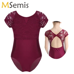 Kids Girls Ballet Leotard Swimsuit for Gymnastics Gymnastics Leotard Girls Floral Lace Bowtie Shaped Back Dance Jumpsuit for Kid