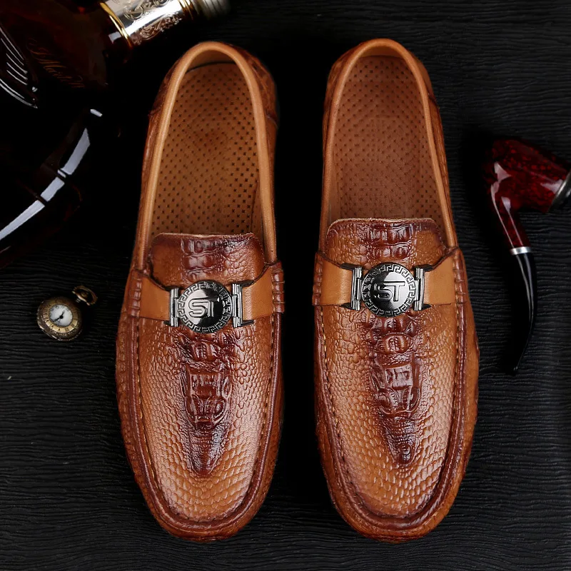 Crocodile Pattern Genuine Leather Loafers Mens Luxury Slip On Moccasins Casual Driving Shoe Men Boat Shoes