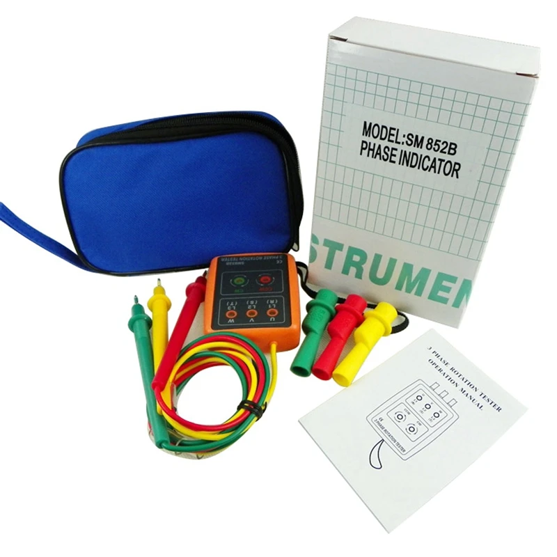 SM852B Tester sekwencji faz wskaźnik 3-fazowy obrót Tester cyfrowy wskaźnik fazy detektor miernik LED 60V ~ 600VAC torba brzęczyk