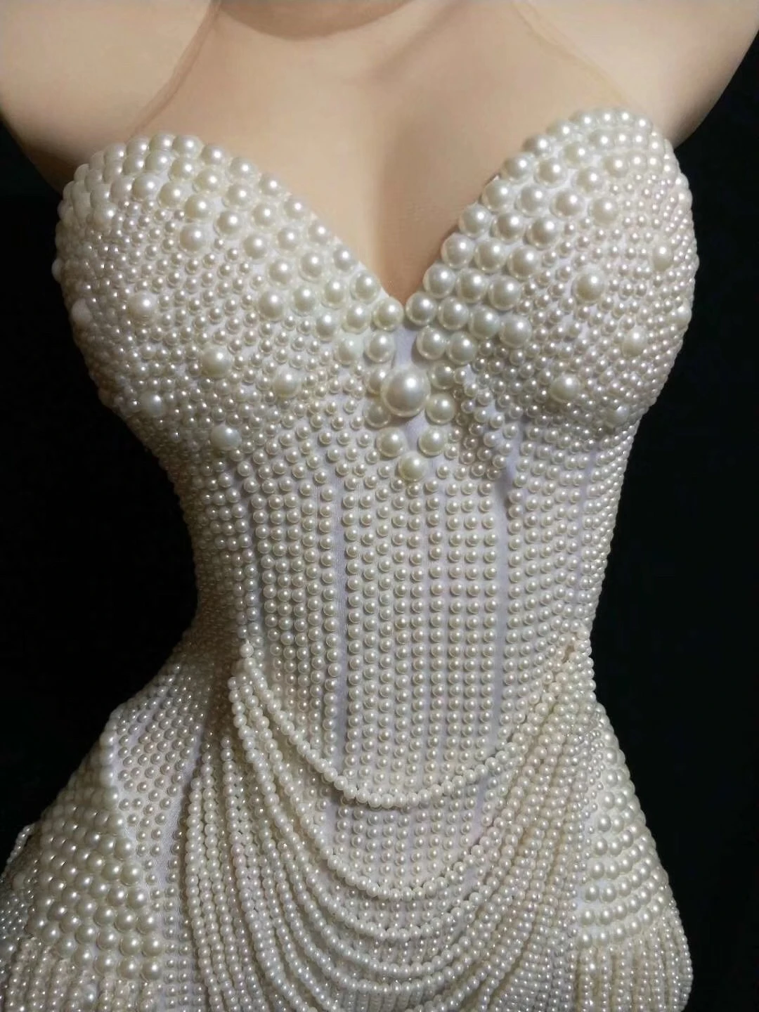 White Beaded Pearls Women Birthday Party Bodysuits Mesh Jumpsuits Nightclub Singer Dancer Performance Drag Queen Stage Wear