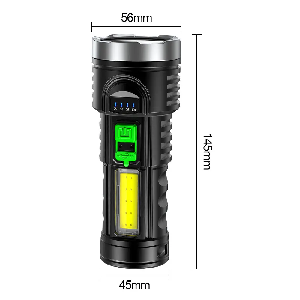 Outdoor Multi-function Flashlight USB Rechargeable Torch 4 Modes Tactical Lamp with Side Light LED Light for Camping Hiking