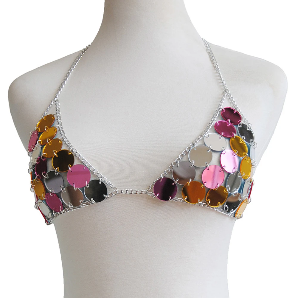 Crystal Chain Tops Women Multicolor Bikini Wear Chain Bra Women Cropped Nightclub Party Festival Wear Burning Man Color Jewelry