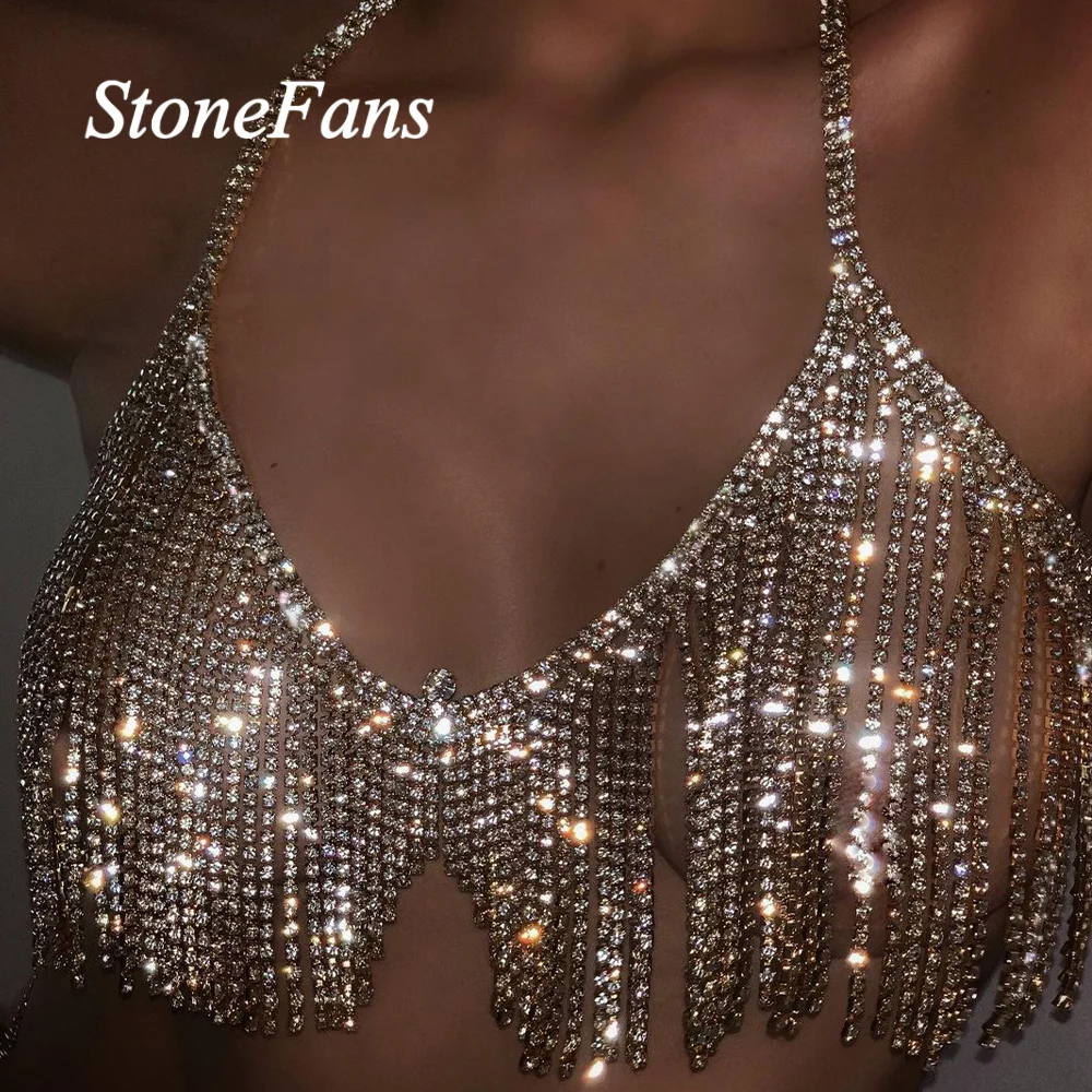 Stonefans Sexy Tassel Body Chain Rhinestone Bra Harness for Women Luxury Crystal Lingerie Bikini Jewelry Chest Body Jewelry