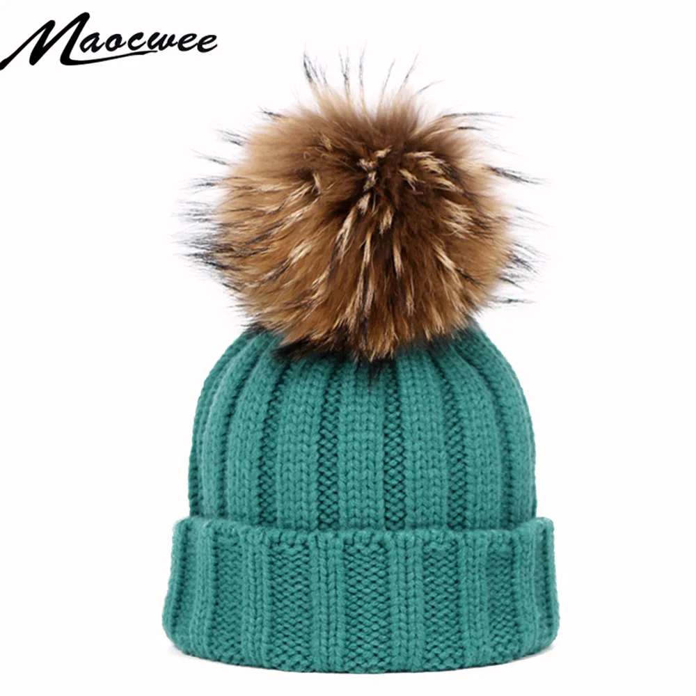 

Winter Female Real Fur Pom Poms Hat Autumn Outdoor Sports Beanies Hat For Women Knitted Pompon Hats Thick Solid Skullies Beanies