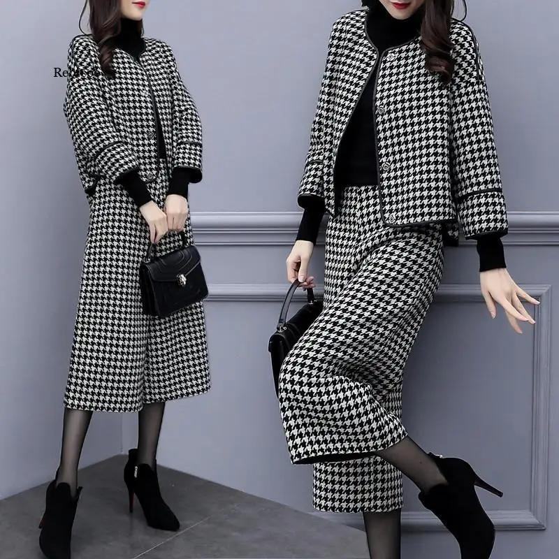 

Autumn Winter Women's Two-Piece Suit Slim Short Check Coat Wide-Leg Pants Elegant Ladies Suits New