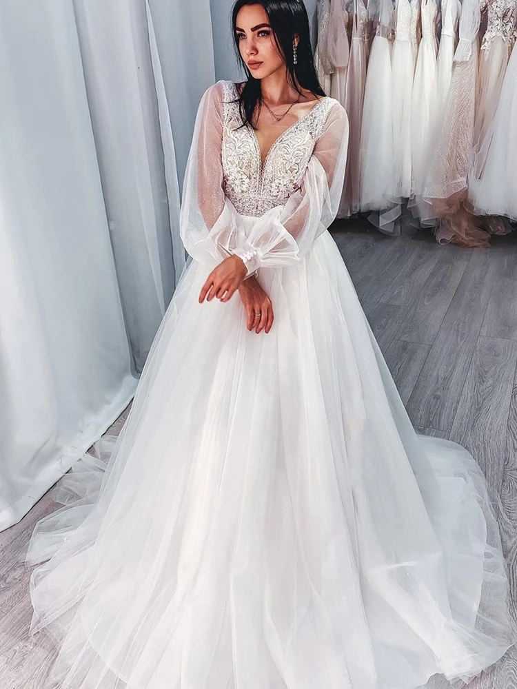 Vestido de novia de manga larga con apliques de encaje, línea A con tren de barrido blanco, largo hasta el suelo, vestidos de novia elegantes para mujer