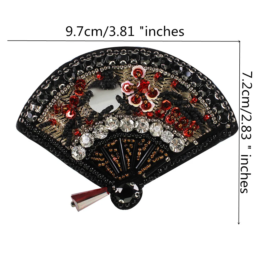 Exquisite Beaded Fan Handmade Rhinestones Sequin Patches for  Shoes Brooches Headscarf Decorated Iron on Badge 5pieces