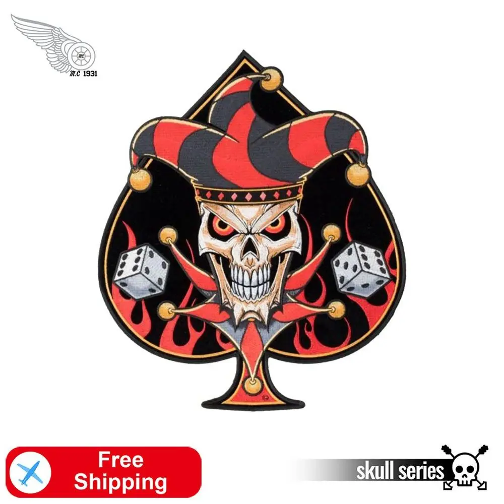 The Joker Clown Spades Embroidery Patches Skull Motorcycle Biker MC Iron on backing Twill Stripe for Cloth Jacket Free Shipping