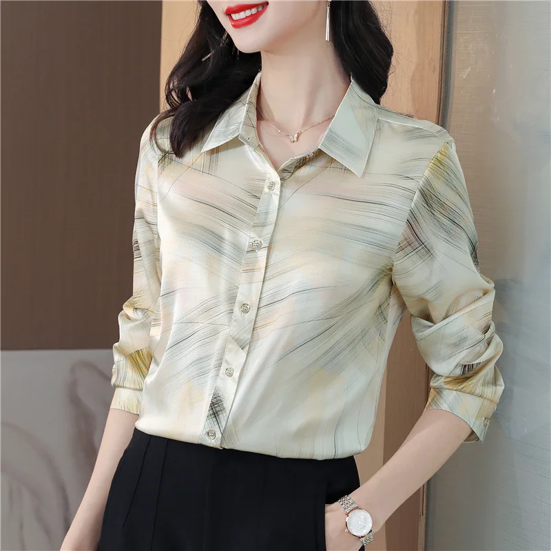 Spring Women\'s Shirts Fashion Long Sleeve Sweet Printed Clothing Female 2023 Silk Polo Neck Button Up Tops Women Basic Blouse OL