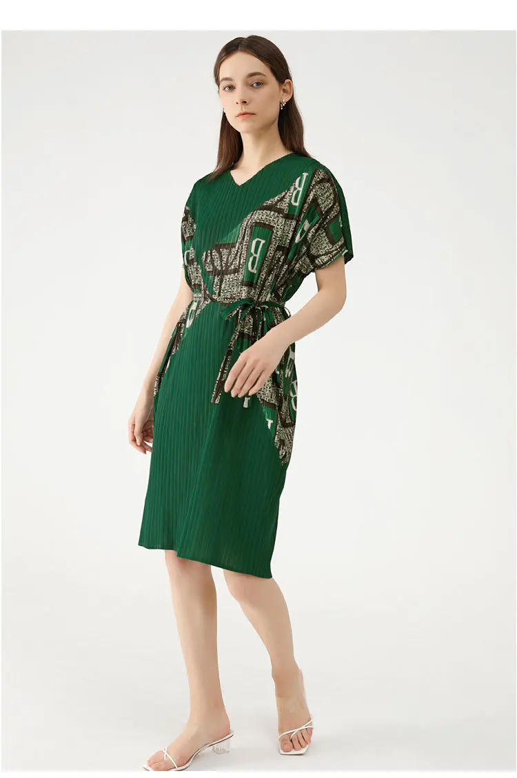 

HOT SELLING Miyake fold short sleeve fashion v-neck patchwork lacing dress IN STOCK