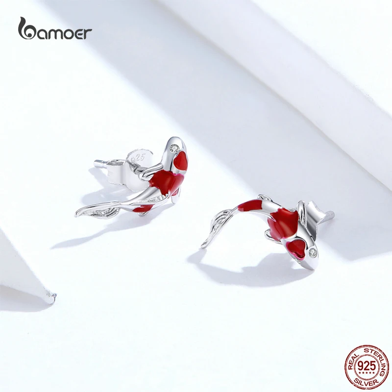 Bamoer Fashion Red Koi Stud Earrings for Women Genuine 925 Sterling Silver Fish Animal Stud Earrings Lucky Festival Jewelry Gift