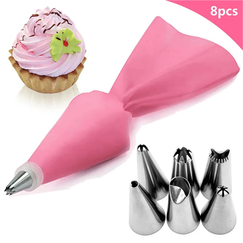 1/8PCS/bag Silicone Icing Piping Cream Pastry Bag + 6 Stainless Steel Cake Nozzle DIY Cake Decorating Tips Fondant Pastry Tools