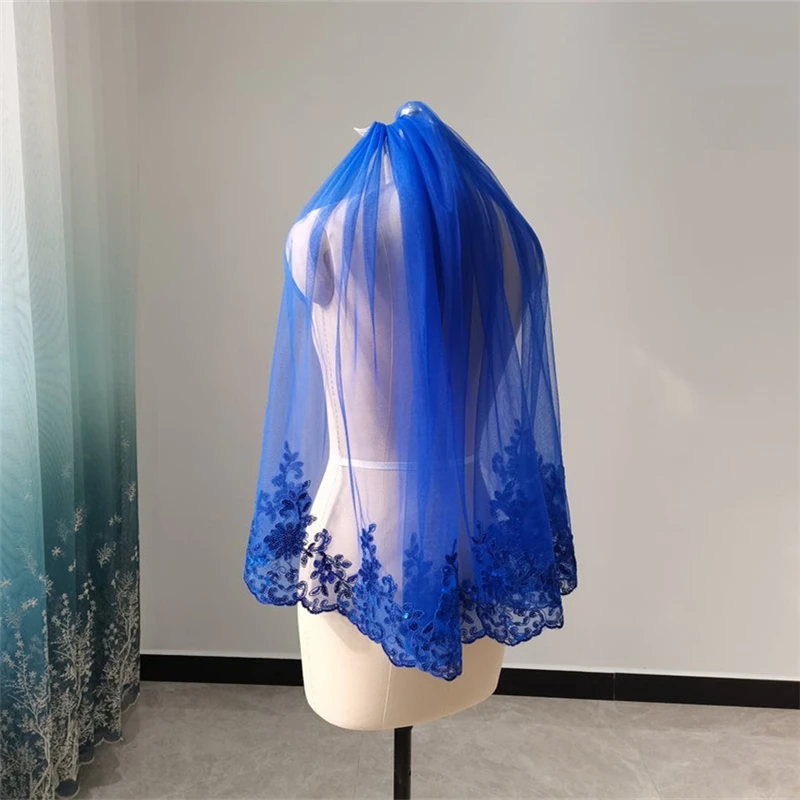 Short Royal Blue Bridal Wedding Veils One layer Full Lace Edge Tulle With Comb Accessories for Brides Short Veil One Layer 0.9 m