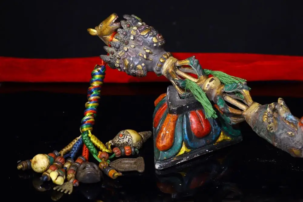 19"Tibetan Temple Collection Old Bronze Painted Hayagriva Dorje Vajra Phurba Amulet Dharma Town House Exorcism Bodhi root base view 6