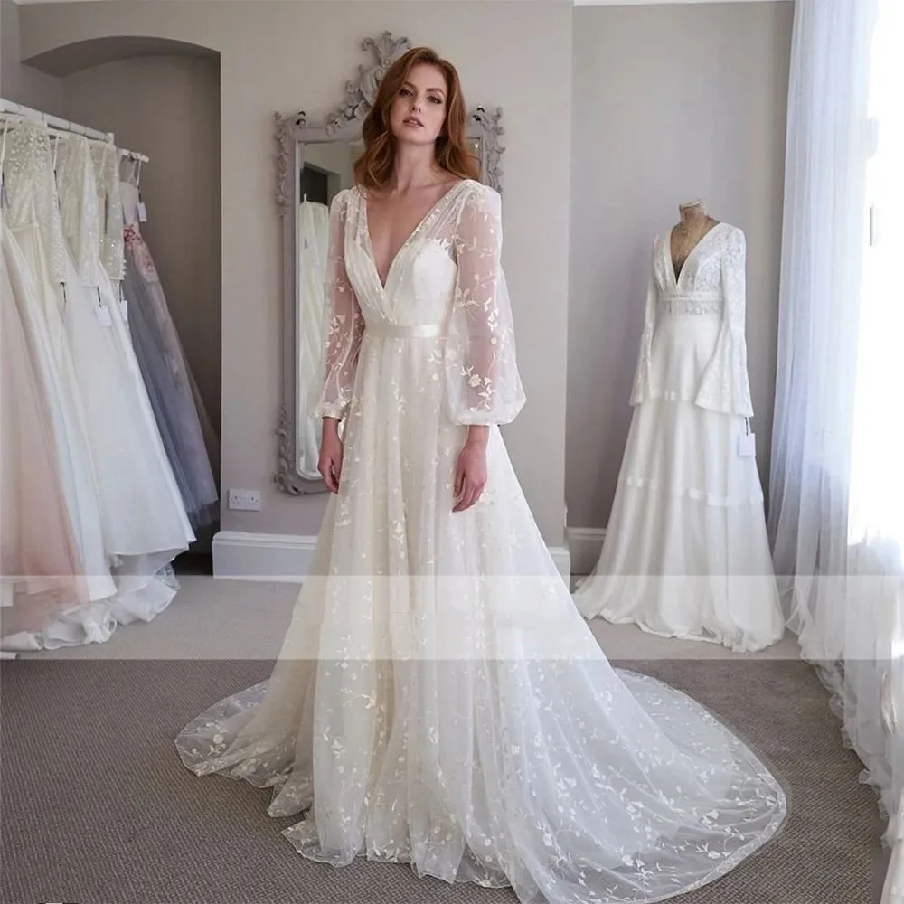 Sexy V Neck Wedding Dresses 2024 Elegant Princess Appliques Flowers Tulle Long Sleeve A Line Sweep Train Open Back Bridal Gowns