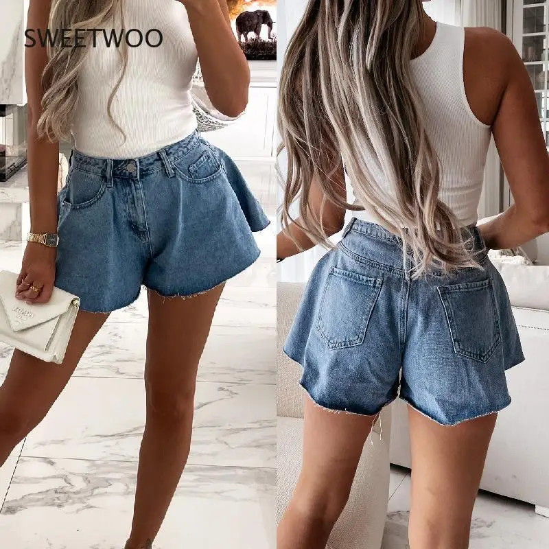 

2021 Summer Casual Temperament Denim Wide Leg Pants High Waist Women's Washed Denim Shorts