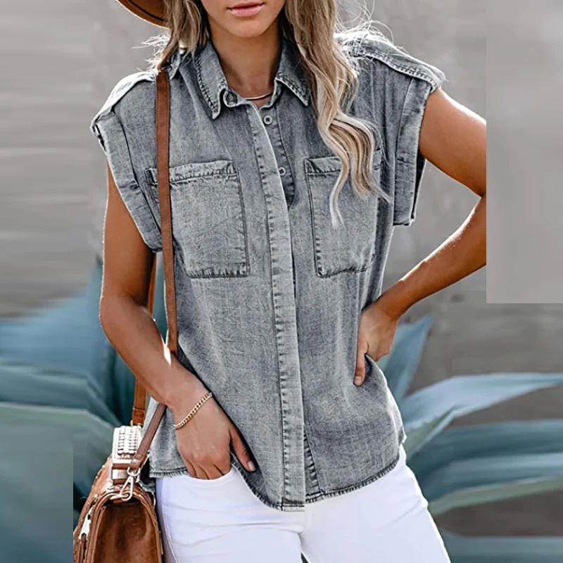 Women Solid Sleeveless Slim Fit Blouse Summer Classic Denim Style Casual Streetwear Tops Female Turn Down Collar Pockets Shirt