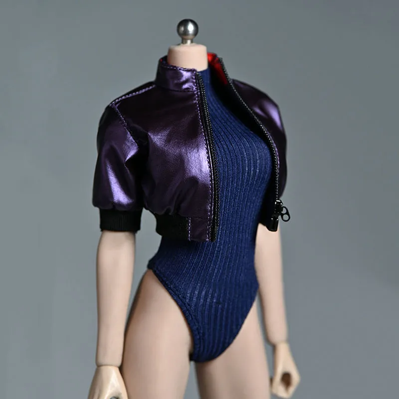 1/6 Scale Female Mid Sleeves Purple Short Leather Jacket Top Knitted Bikini Jumpsuit for 12