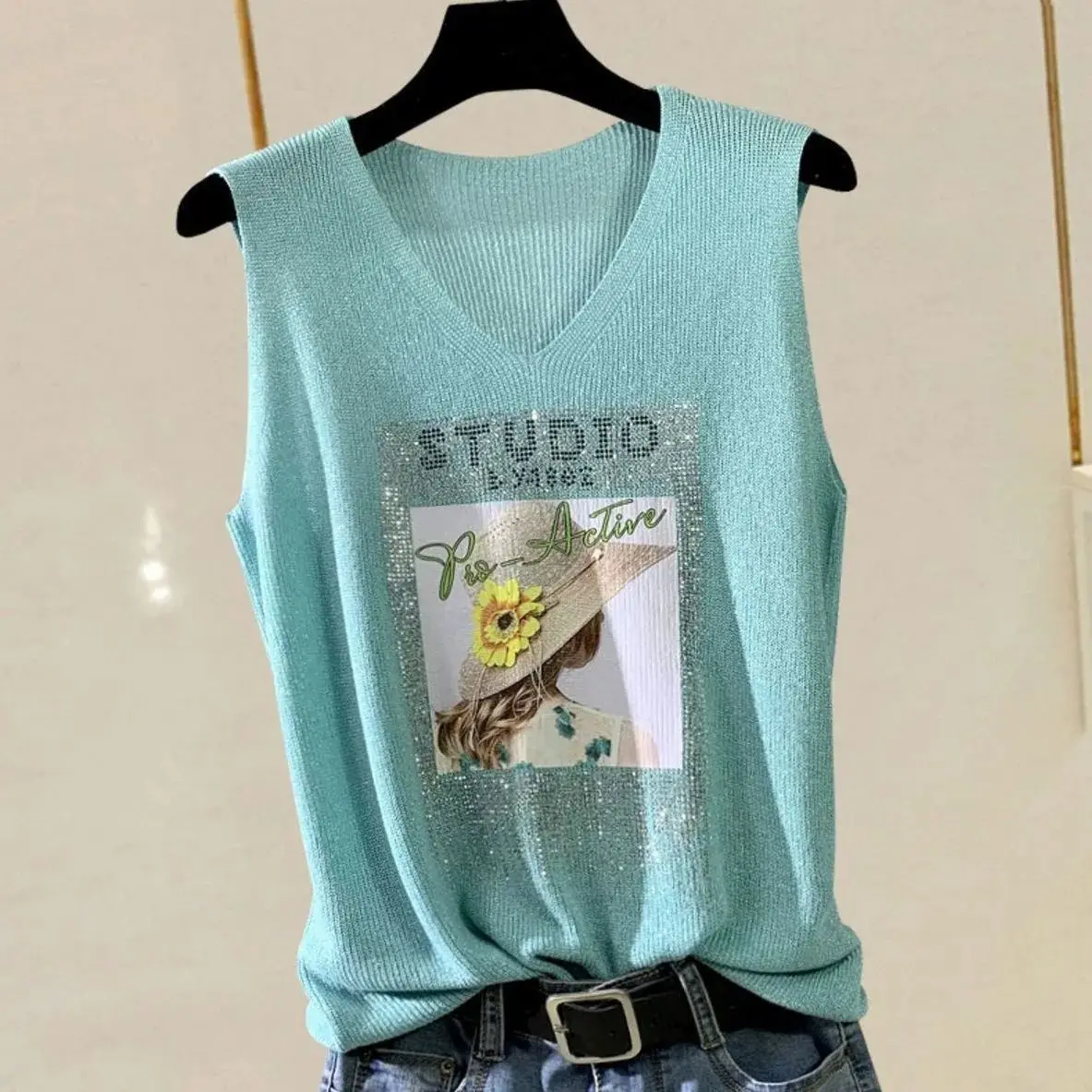 Women Vest Spring Summer New Sleeveless V-neckIce Silk Casual Loose Knitted Tank Pullover Top Korean Clothes Female Tank Tops