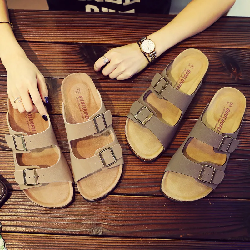 2020 New Men\'s Leather Mule Clogs Slippers High Quality Soft Cork Two Buckle Slides Footwear For Men Women Unisex 35-46