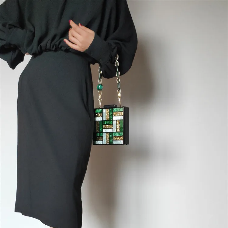 ใWonder LamarใNew Fashion Women Evening Bag Cute Green Gold Acrylic Chain Handbags Luxury Square Party Wedding Bags Casual Vinta
