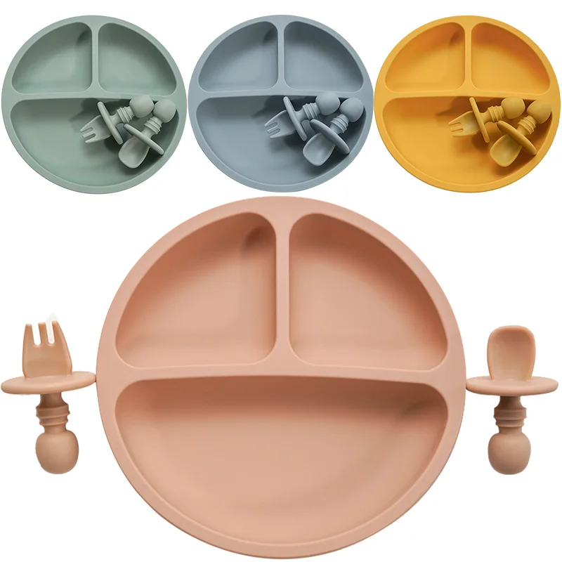 Fashion Solid Silicon Plate Set For Baby Kids Training Feeding Dinnerware Baby Learning Plate Set With Fork Spoon BPA Free