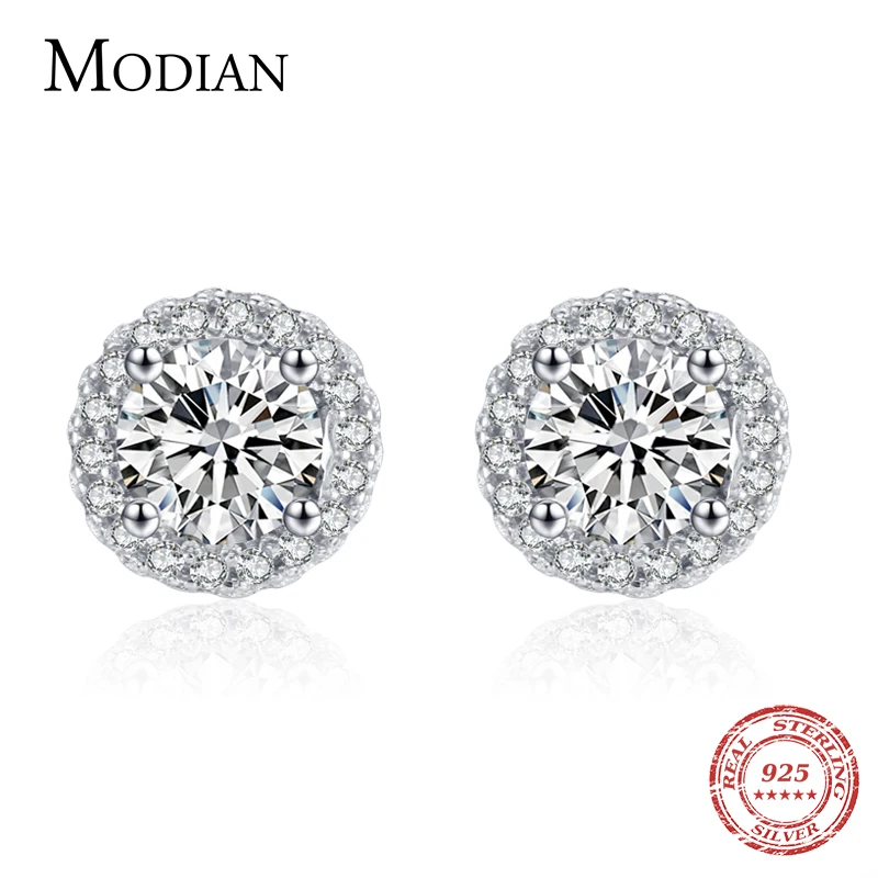 Modian Real 925 Sterling Silver Luxury Simple Cubic Zirconia Stud Earrings for Women Round CZ Wedding Statement Jewelry Gifts