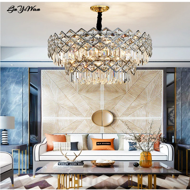 Hong Kong style light luxury crystal chandelier, post-modern minimalist living room lamp dining room bedroom lamp black lighting