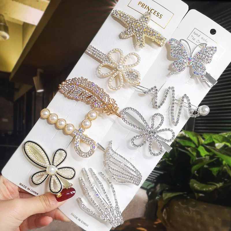 Korean Shiny Crystal Hair Clips Set Fashion Side Clips For Women Girl Pearl Rhinestone Hairpin For Hair Accessories 2022 Trendy