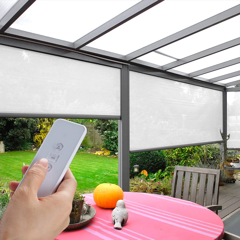 Waterproof Electric Roller Blinds with Cover, Remote Control, Outdoor Shades, Wind-Proof, Customized Size, New Arrival