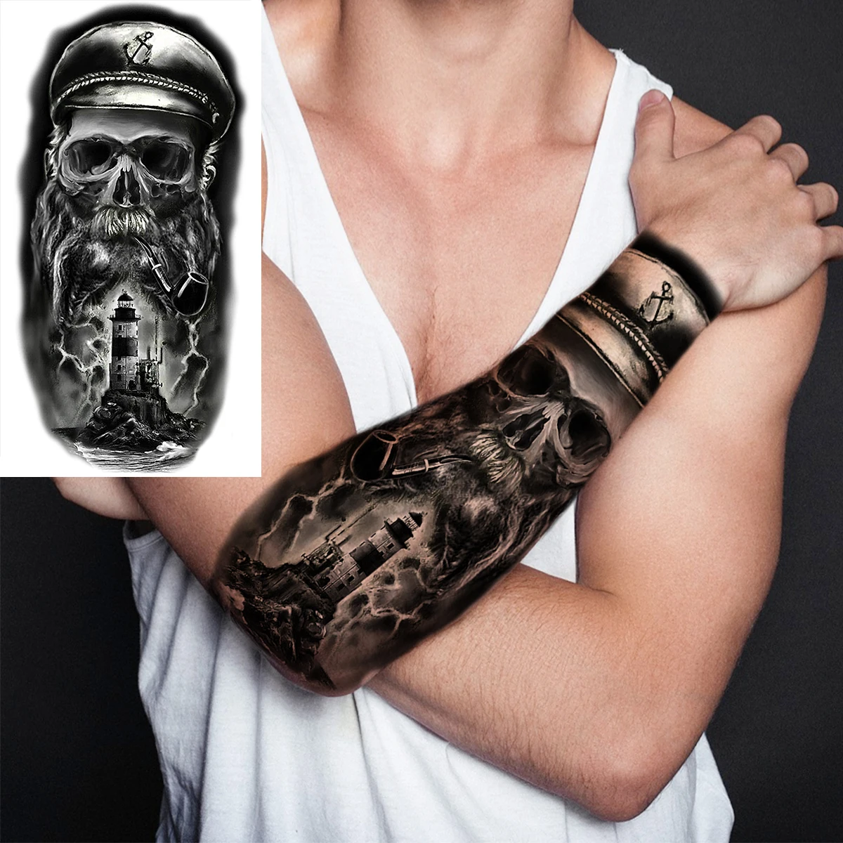 Tatuajes Temporales realistas en 3D para hombres, tatuajes temporales de diablo negro, tigre adulto, esqueleto de pirata, vampiro, tatuaje falso, antebrazo, tatuaje aterrador, Joker