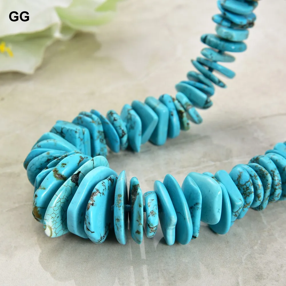 G-G Jewelry 26\'\' Blue Turquoise Gems Stone Necklace 12x23mm Center Drilled Disc Chips