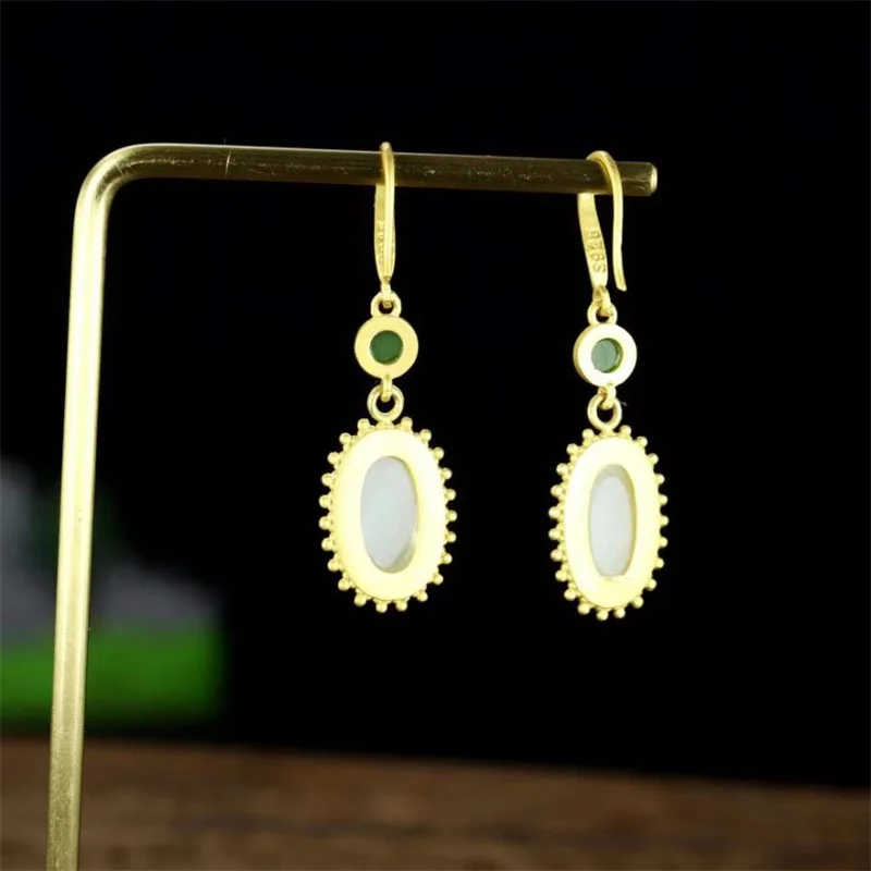 Hot Selling Natural Hand-carved 925 Silver Gufajin Inlaid White Jade  Egg Shape Earrings Studs Fashion Jewelry Women Luck Gifts