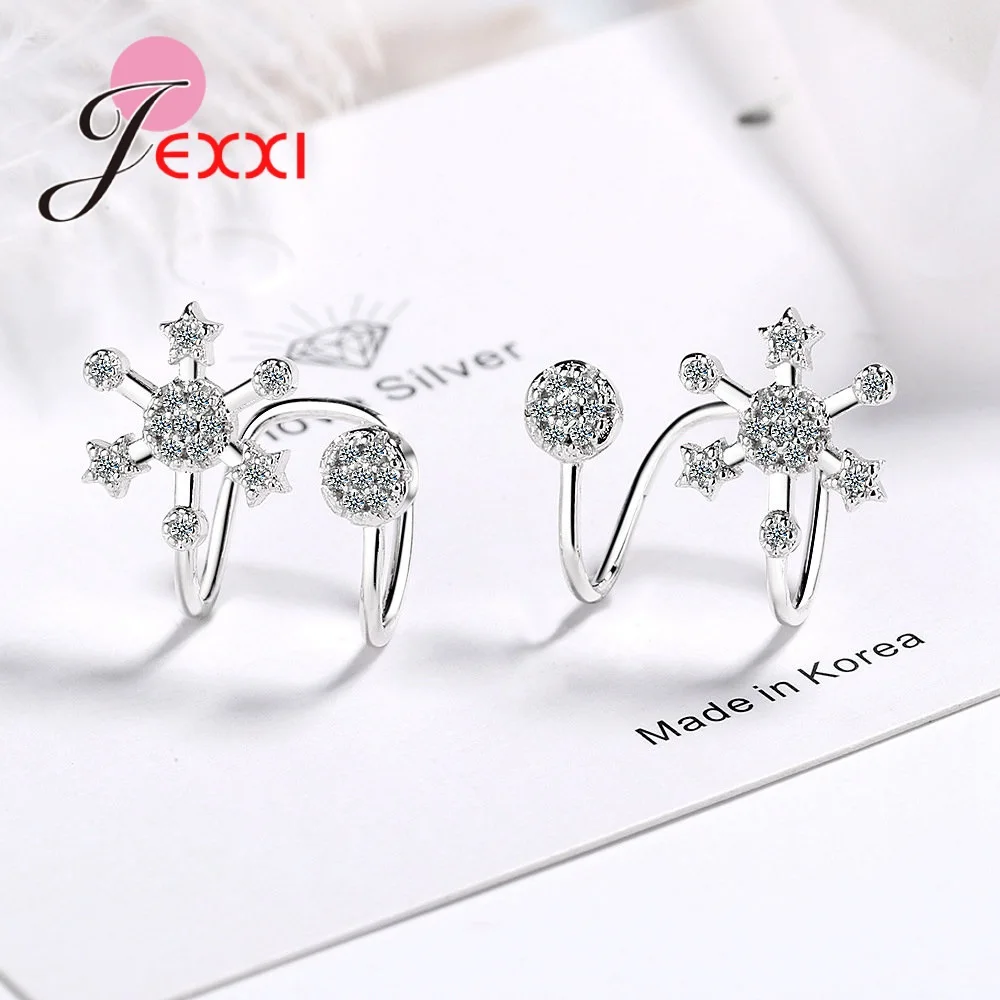 Boucles d'oreilles clip fleur de neige en argent 925 pour femme, zircone cubique brillante, cristal contre-indiqué, cadeau sans trou d'oreille, design unique