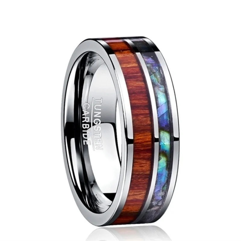 8MM Fashion Men Wood Abalone Shell Tungsten Carbide Rings Wedding Bands for Men Ring Jewelry Accessories